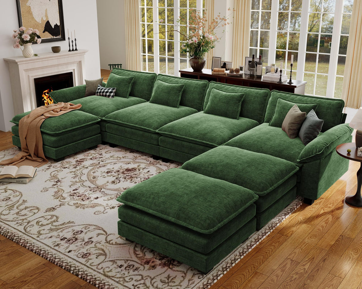 CDCASA 154" Oversized Modular Sectional Sofa, Comfy U-Shaped Cloud Couch w/ 3 Movable Ottoman, 7-Seater Chenille Deep Seat Modern Sofa Couch for Living Room, DIY Combination, Green CDCASA