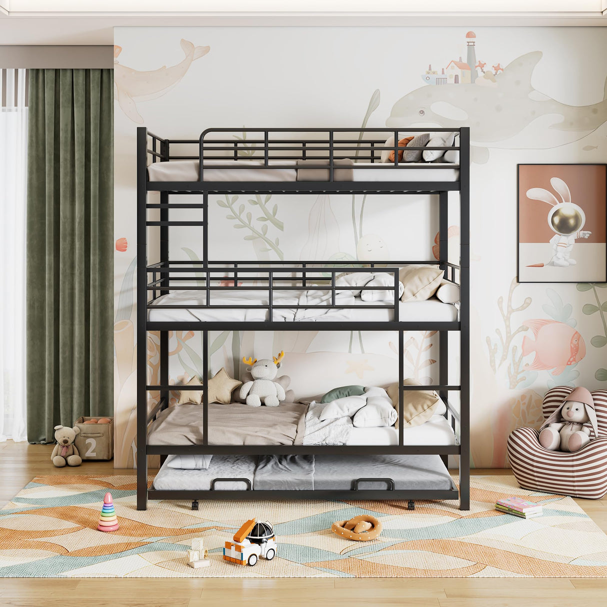 Triple Bunk Bed with Trundle Guardrail & Ladder Twin Size Metal, No Box Spring Needed, Easy Assemble Merax