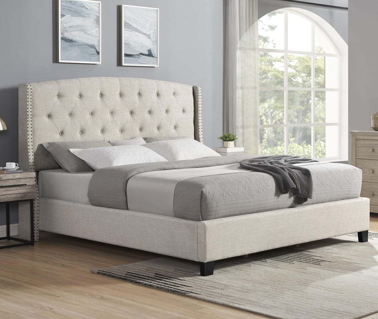 Roundhill Furniture Nantarre Fabric Tufted Wingback Upholstered Bed with Nailhead Trim, King, Tan Roundhill Furniture