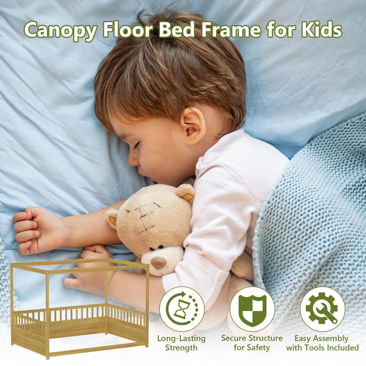 Lyngins Full Size Canopy Bed Frame with Guardrails for Kids, Floor Bed Full with Four Poster Design, Kids Montessori Floor Bed, Wood Canopy Bed Frame for Girls, Boys(Natural) Lyngins