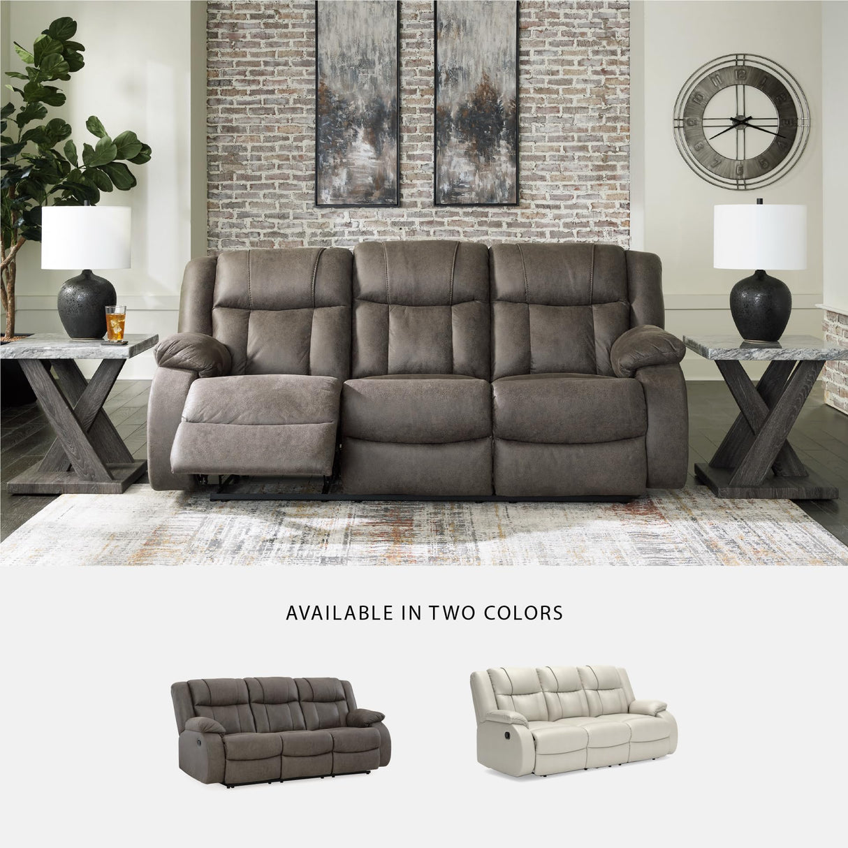 Signature Design by Ashley First Base Contemporary Faux Leather Manual Reclining Sofa, Gray Signature Design by Ashley