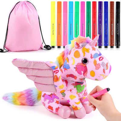 Realspring 11" Coloring Unicorn Plush Toy with 12 Washable Marker for Little Girl DIY Coloring Unicorn Stuffed Animal Toy Soft Doodle Doll Art and Craft Painting for Kid Back to School Birthday Gift