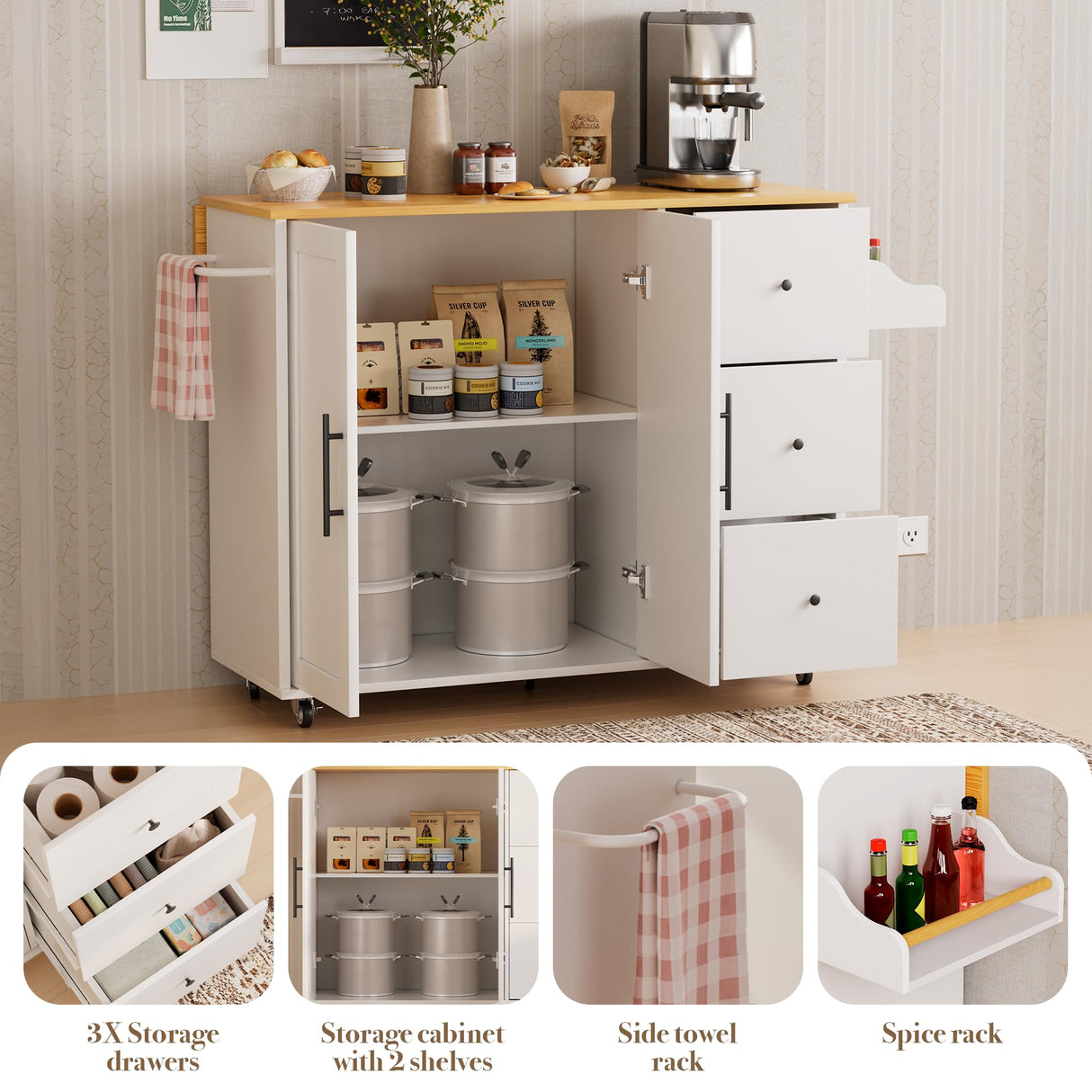 GRUSIGN Kitchen Island with Storage, Rolling Kitchen Cart with 3 Drawers Kitchen Storage Cabinet on Wheels with Inner Adjustable Shelves for Dining Room/Living Room Thicker,39.37" L X 20.05" W, White GRUSIGN