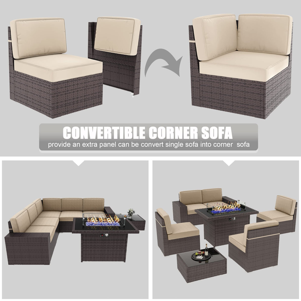 LayinSun 7 Pieces Outdoor Patio Furniture Set with 44" Fire Pit Table Brown Rattan Sectional Sofa Conversation Sets LayinSun