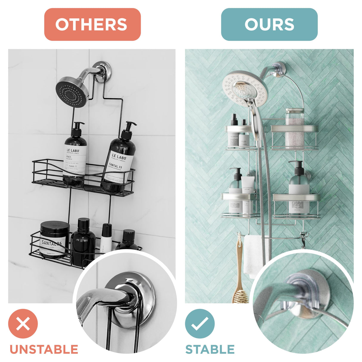 Zenna Home Rust-Resistant Hanging Shower Caddy for Handheld Shower Heads, Over the Shower Head Caddy with 2-Way Adjustable Baskets and Storage Hooks, Bathroom Hanging Organizer, Stainless Steel Zenna Home