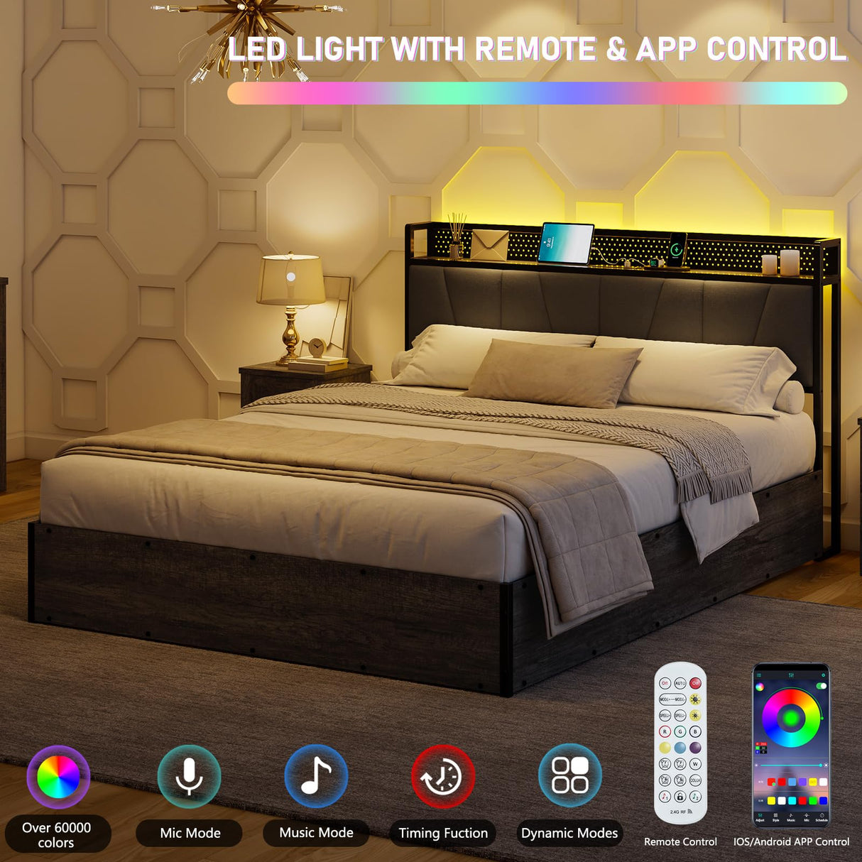 LUXOAK Queen Size Lift Up Storage Bed Frame with RGB LED Lights and Charging Station in Rustic Grey LUXOAK