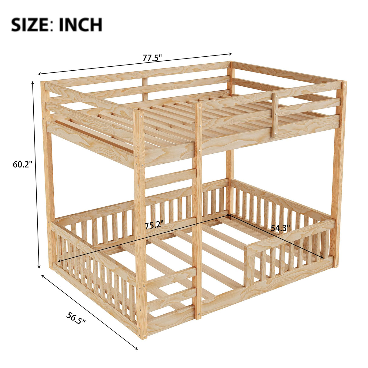 Full Over Full Bunk Bed with Ladders Wood Bunk Beds with Full-Length Guardrails Floor Bunk Bed Frame for Kids, Boys, Girls, No Spring Box Needed, Natural Bellemave