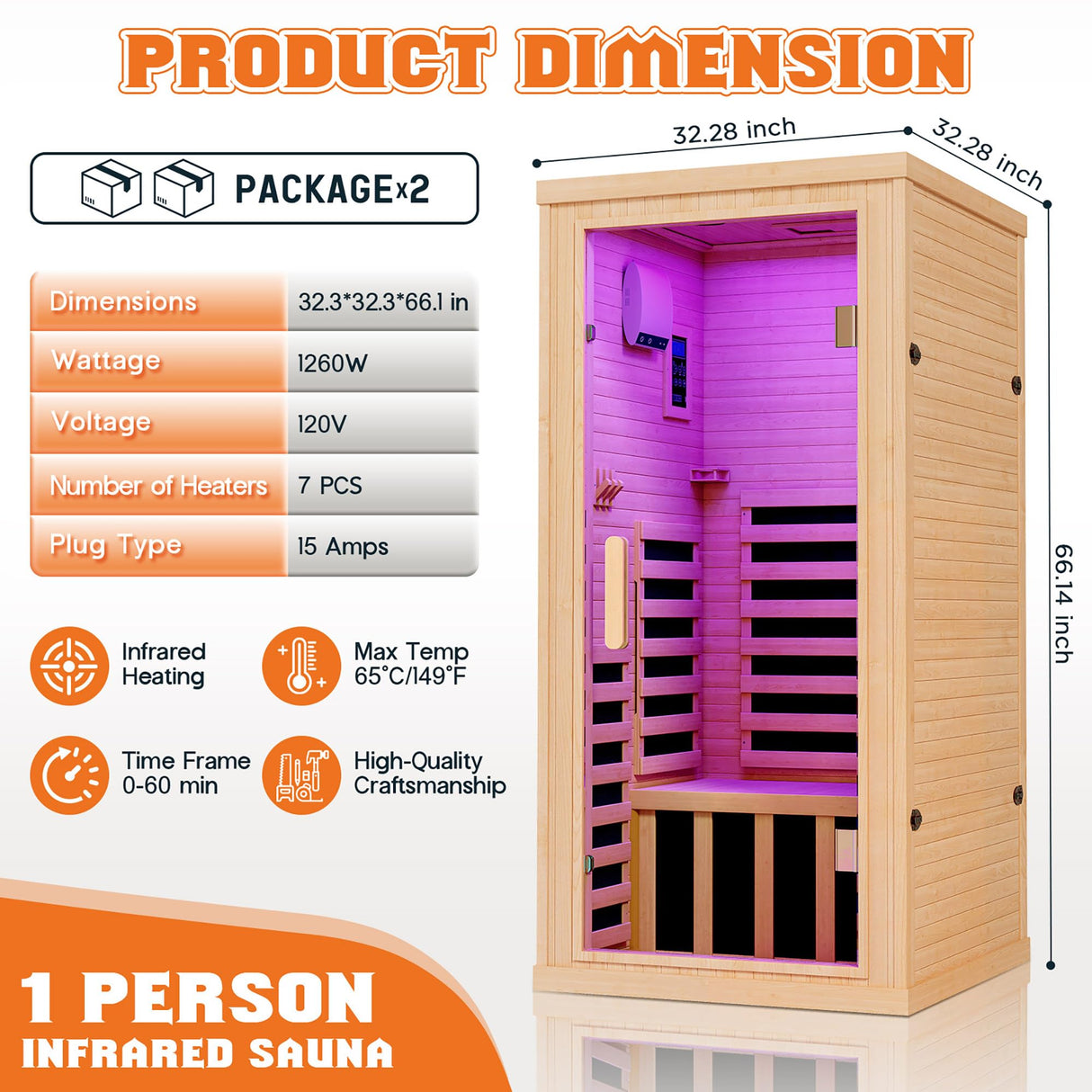 Albott Infrared Sauna Room, 1260W/110V Canadian Hemlock Wood 1 Person Infrared saunas for Home with 7 Color Therapy Lamp, Foot Heater, Dual Bluetooth Speaker, LCD Control Panel, 32.3x32.3x66.1inch Albott