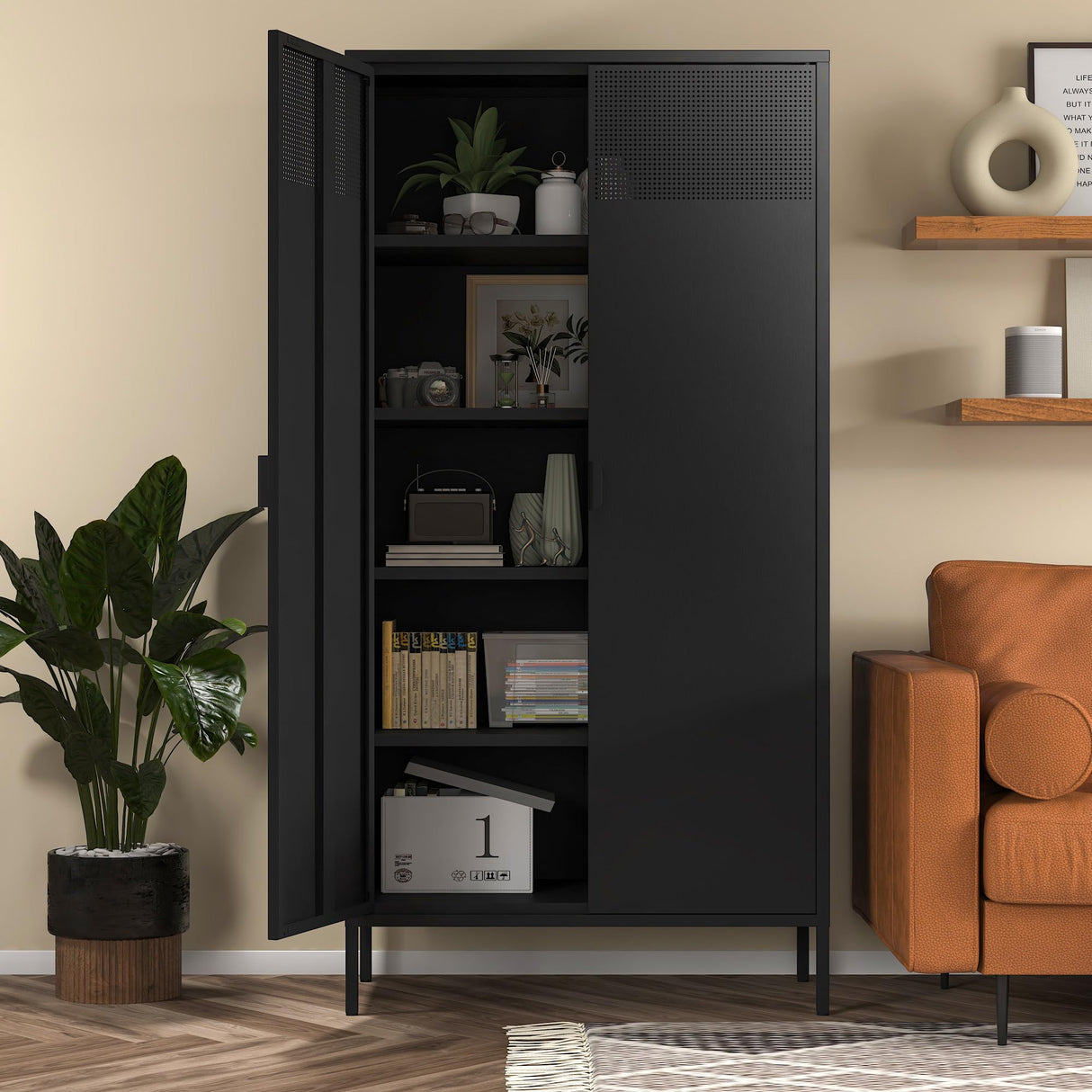 COFaR 5 Tier Black Metal Storage Cabinet, Free Standing with 2 Doors, 4 Adjustable Shelves and Legs, Cupboard Metal Cabinet for Living Room, Kitchen, Dining Room, Office COFaR