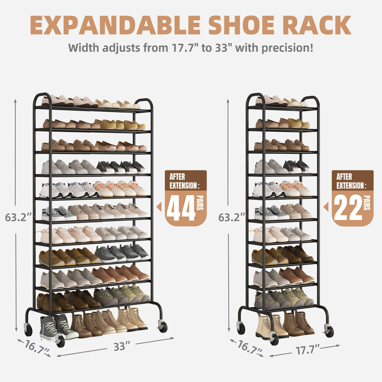 STORAGE MANIAC Expandable Shoe Rack, 44 Pairs Stackable Small Shoe Rack, Metal Adjustable Shoes Organizer for Closet, Entryway, Hallway, Garage, Front Door, Shoes Shelves, Black 10 Tier STORAGE MANIAC