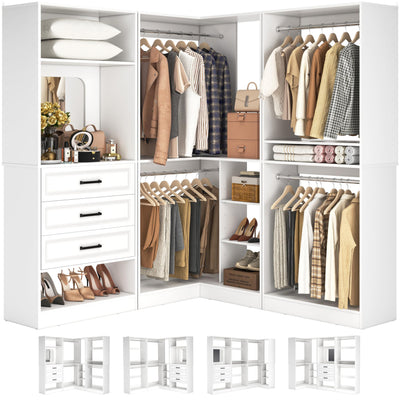 Unikito Closet System with Drawers,86” Modular Corner Closet Organizer System with Mirror,Freestanding Wood Wardrobe Organizer with Hanging Rods & Adjustable Shelves, Walk in Closet Tower, White