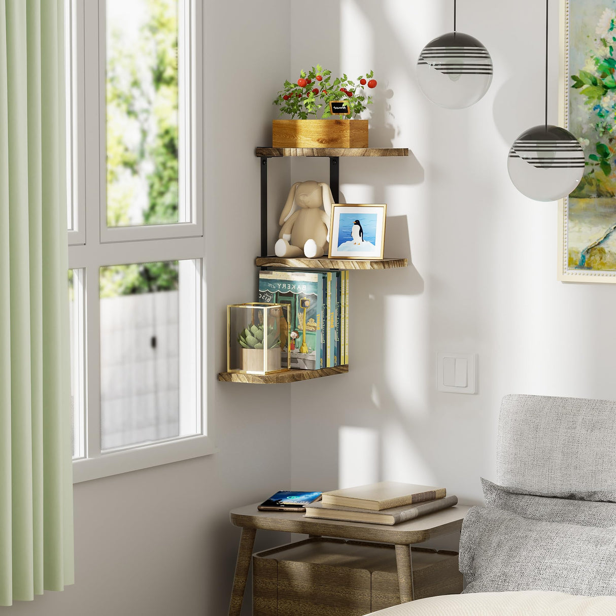 Love-KANKEI Corner Shelf Wall Mount of 3 Tier Rustic Wood Floating Shelves for Bedroom Living Room Bathroom Kitchen Office and More Carbonized Black Love-KANKEI