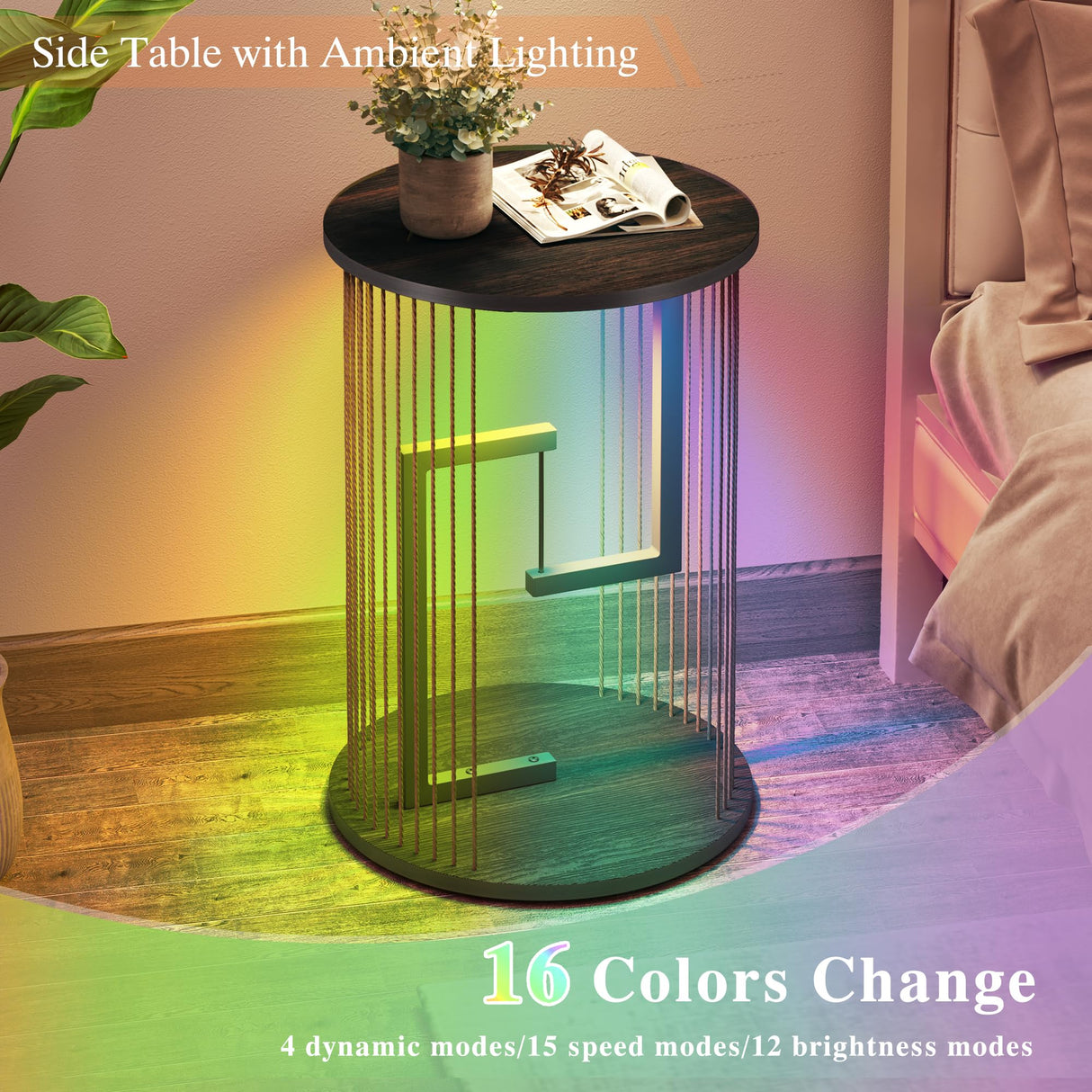 Side Table, Round End Table for Living Room, Bedroom, Black LED Nightstand with Twine Rope Design, Mid Century Modern Wood Accent Coffee Table, Antique Nightstand HUAHUU