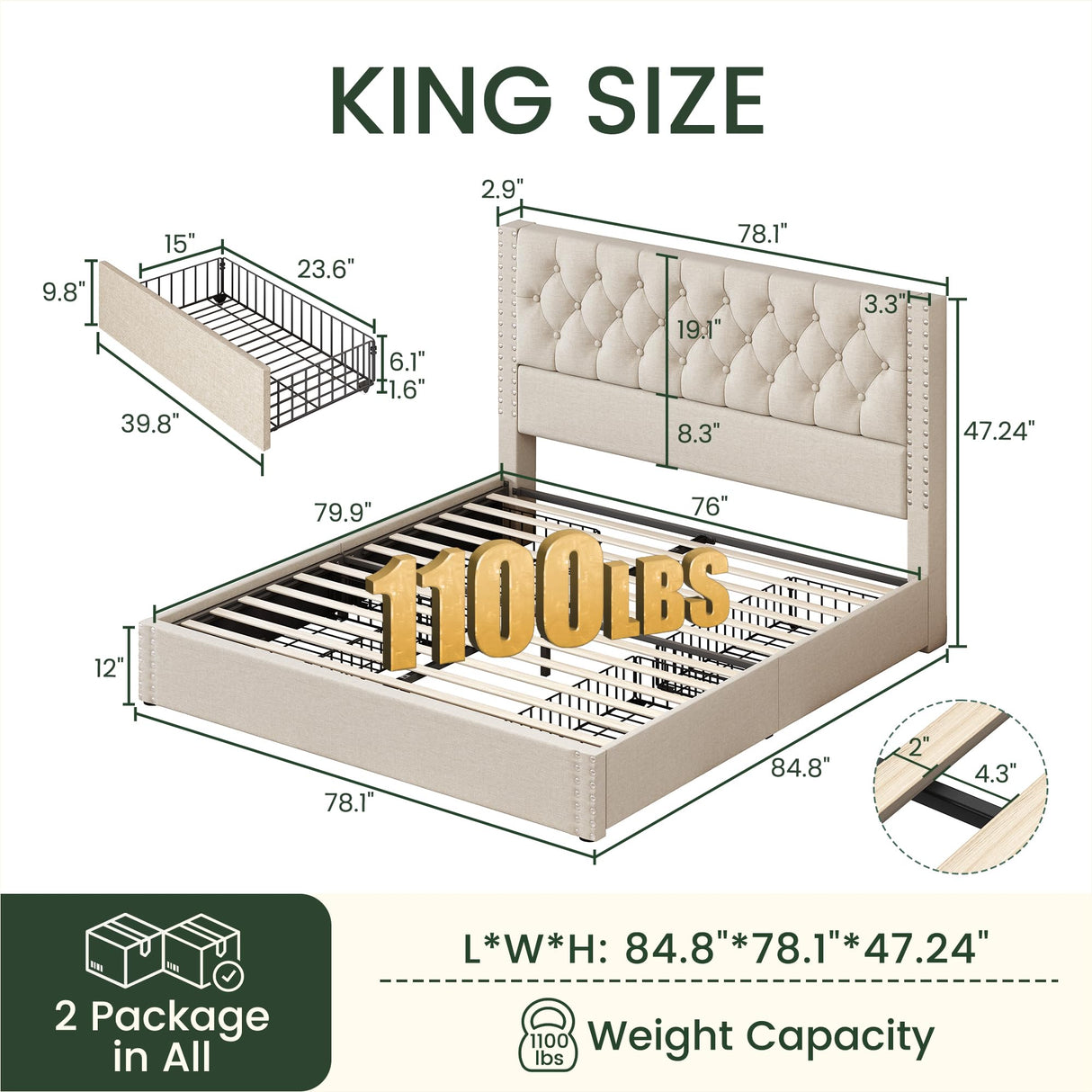 LARMACE King Size Bed Frame with 4 Storage Drawers and Tufted Headboard Linen Upholstered Platform Bed Frame with Heavy Duty Wood Slats, No Box Spring Needed, Easy Assembly, Beige LARMACE