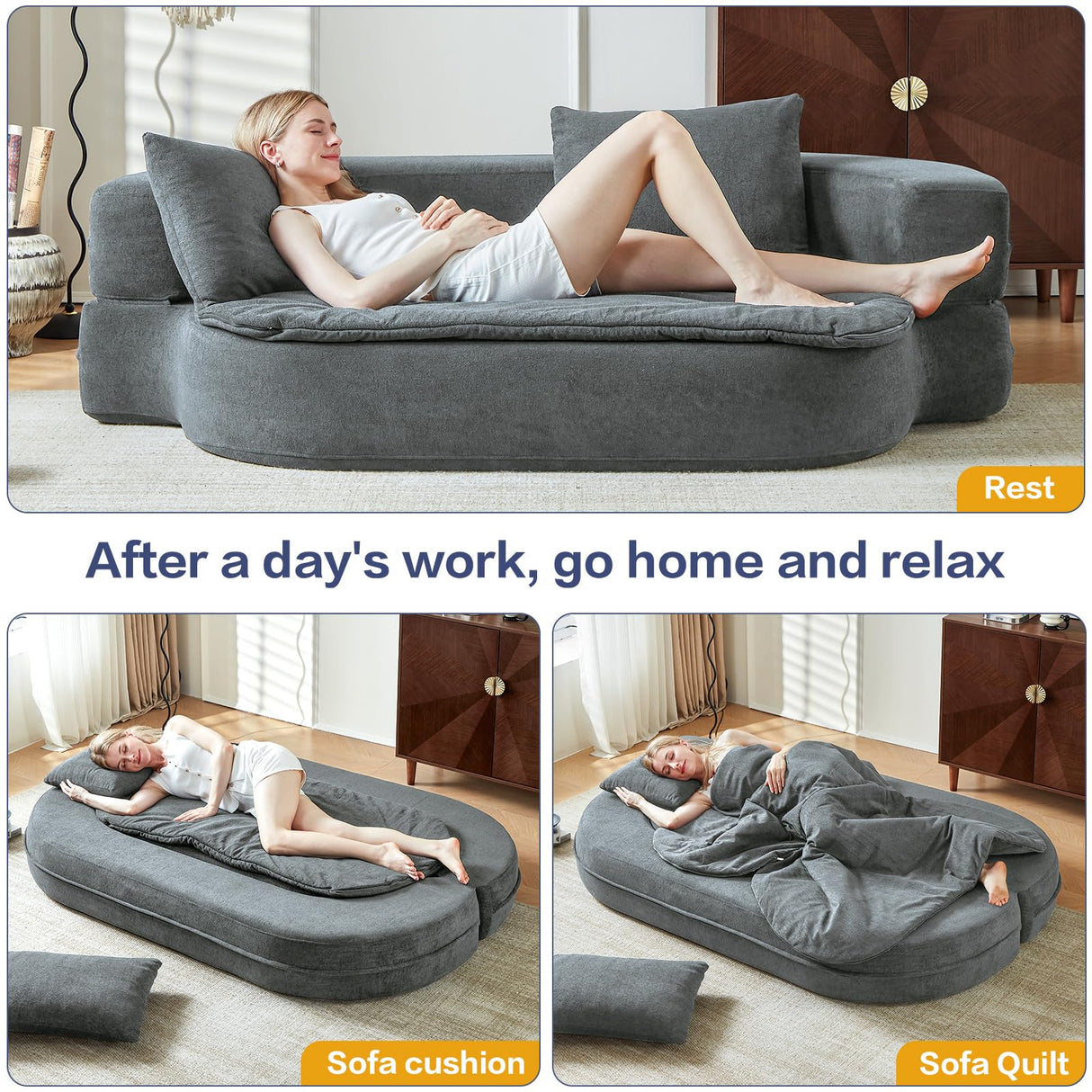 79" Convertible Sleeper Sofa Bed, Flodable Futon Chair Bed with Pillow & Blanket, Grey Boneless Sofa in Box, Lazy Floor Lounger Couches for Living Room, Compressed Couch in a Box, Velvet Fabric UKMTUET