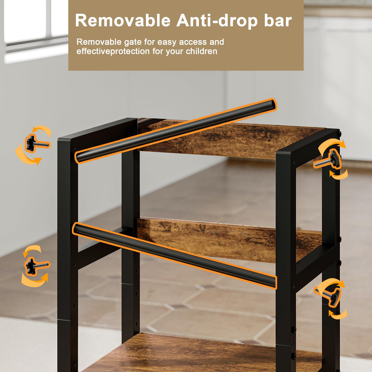 INNOD Kitchen Step Stool for Toddlers, Height Adjustable Toddler Tower with Safety Rail, Steel and Wood Toddler Kitchen Stool Helper Kids, Kitchen Stool for Kids, Learning Tower, Toddler Stool Brown INNOD