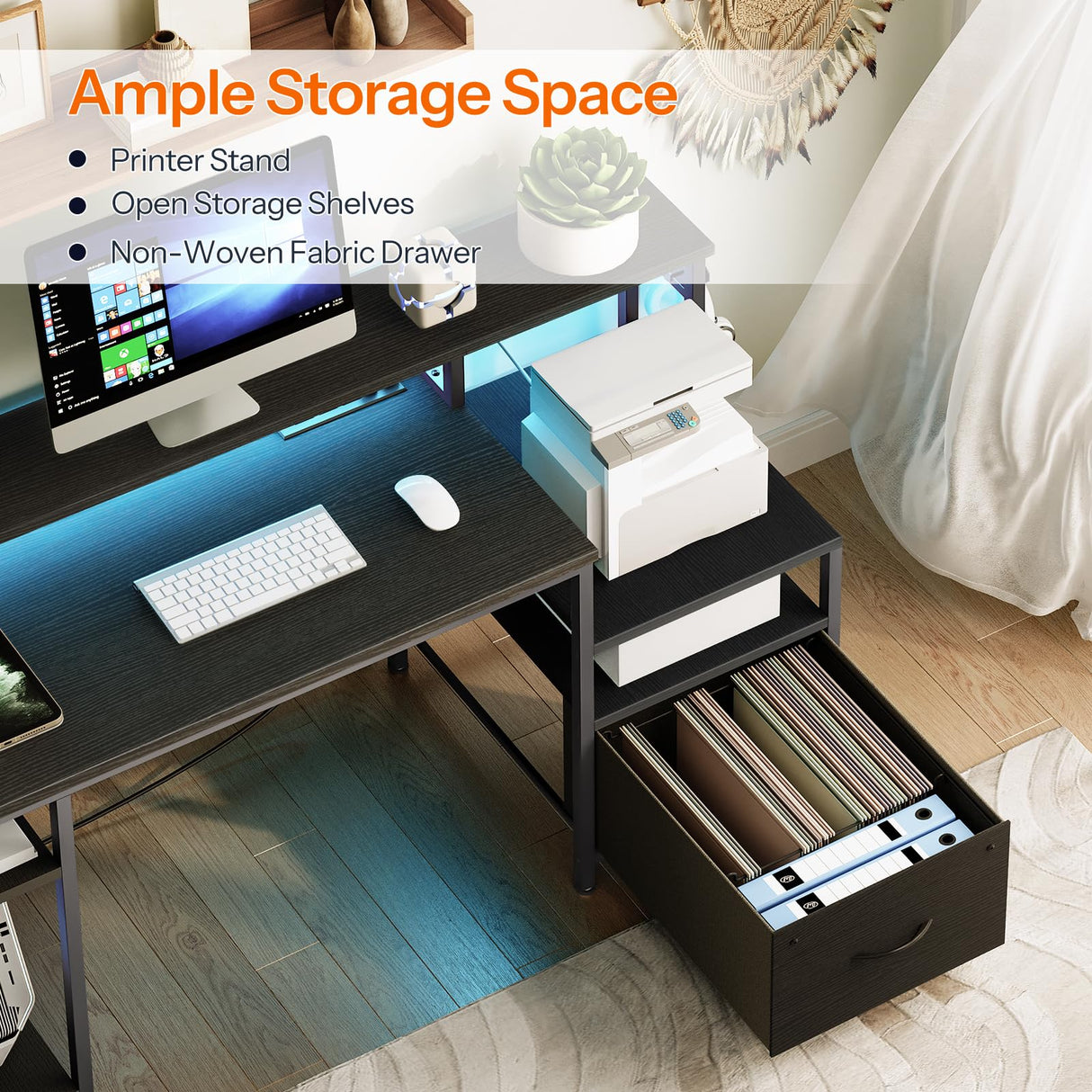 HOOBRO Computer Desk, 55" Home Office Desk with Fabric File Cabinet, Power Outlet and LED Strip, Office Desk with Monitor Stand and 2 Hooks for Home Office, Black BB46UDDN01 HOOBRO