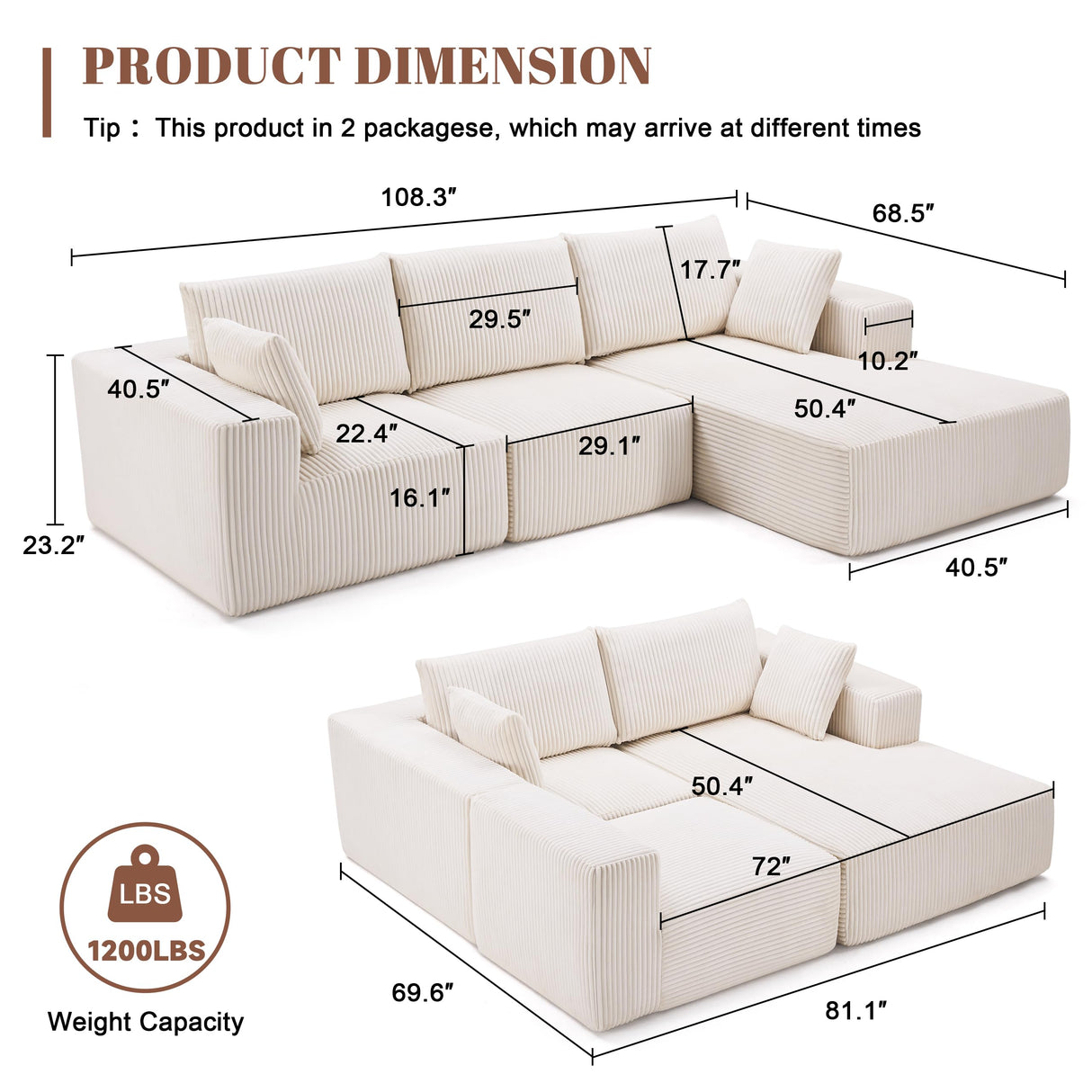 Weture 108” Modular Sectional Sofa, Cloud Sectional Couch with Deep Seat, Modern Modular L-Shape Sofa with Chaise,Upholstered Couches for Living Room (Corduroy, Beige) Weture