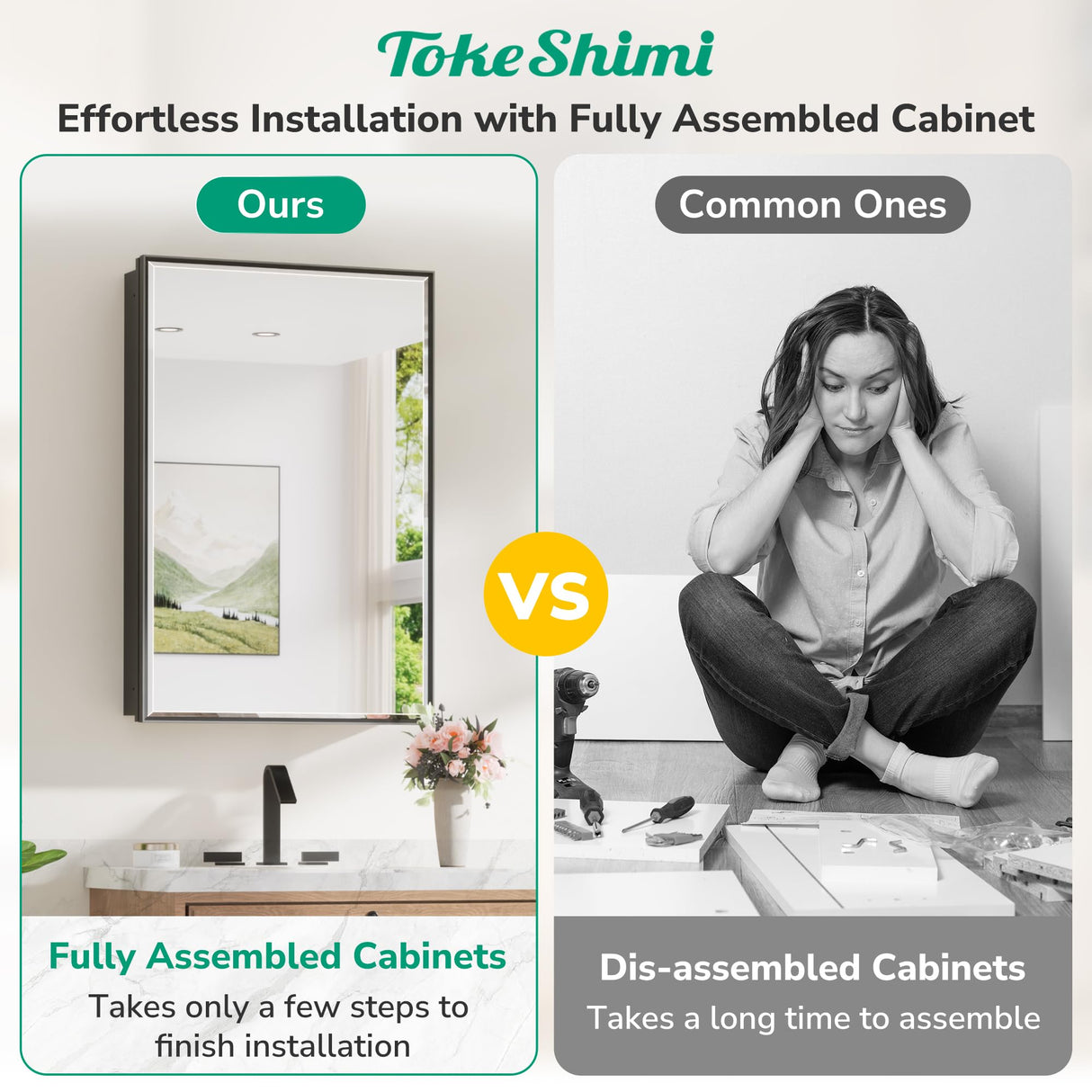 TokeShimi 16x24 Recessed Medicine Cabinet with Mirror, Black Bathroom Medicine Cabinet with Mirror, Bathroom Mirror with Storage, Beveled Aluminum Frame TokeShimi