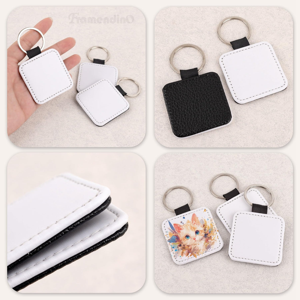 Framendino, 8 Pack Sublimation Blanks Keychain PU Leather Keychains Heat Transfer Key rings Square Key Chains for DIY Craft Framendino