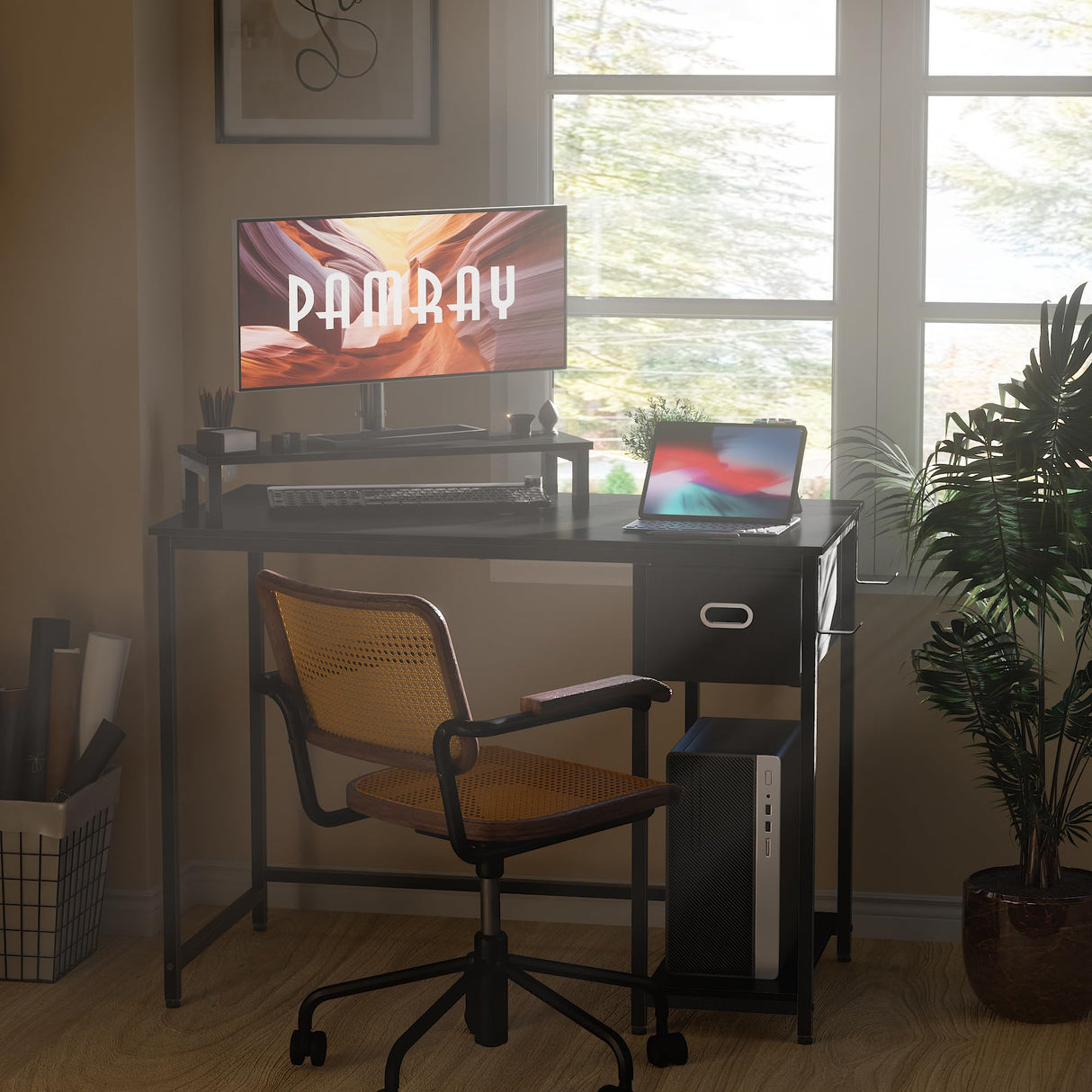 Pamray 39 Inch Computer Desk with Monitor Stand Small Home Office Desks with Non-Woven Storage Drawer for Bedroom Study Table Writing and Work Desk Black Pamray