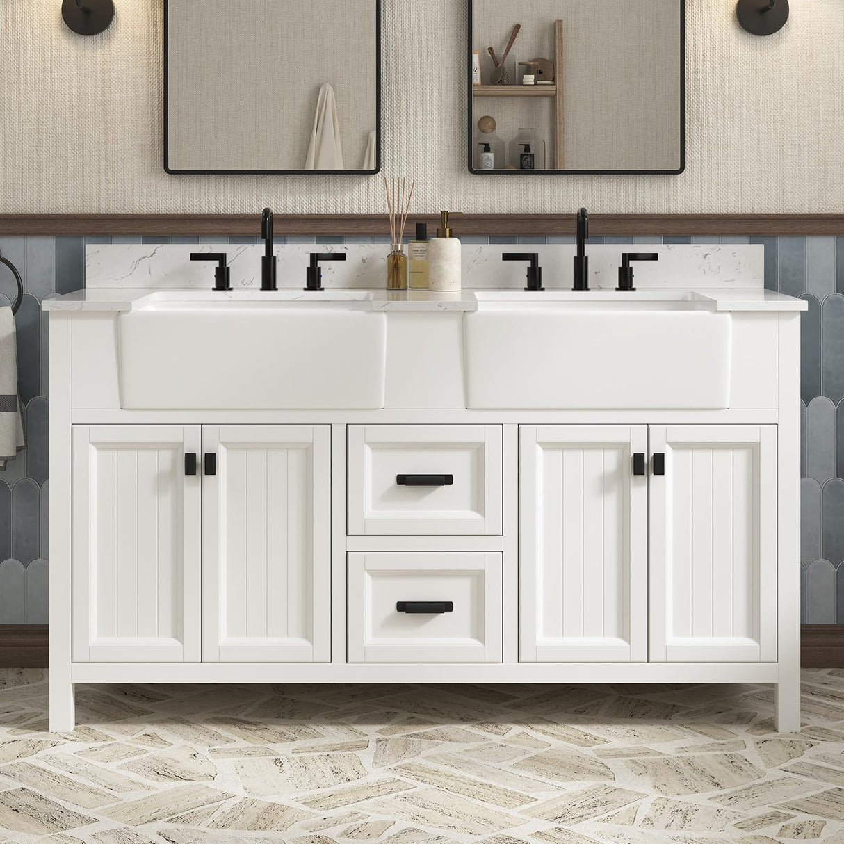 DELUXE LIVING 60 Inch Bathroom Vanity with Double Sink, Farmhouse Bathroom Vanity Cabinet with Soft Closing Doors & Dovetail Drawers, Vanity for Bathroom, Adjustable Feets, Apron Farm Sink, White DELUXE LIVING