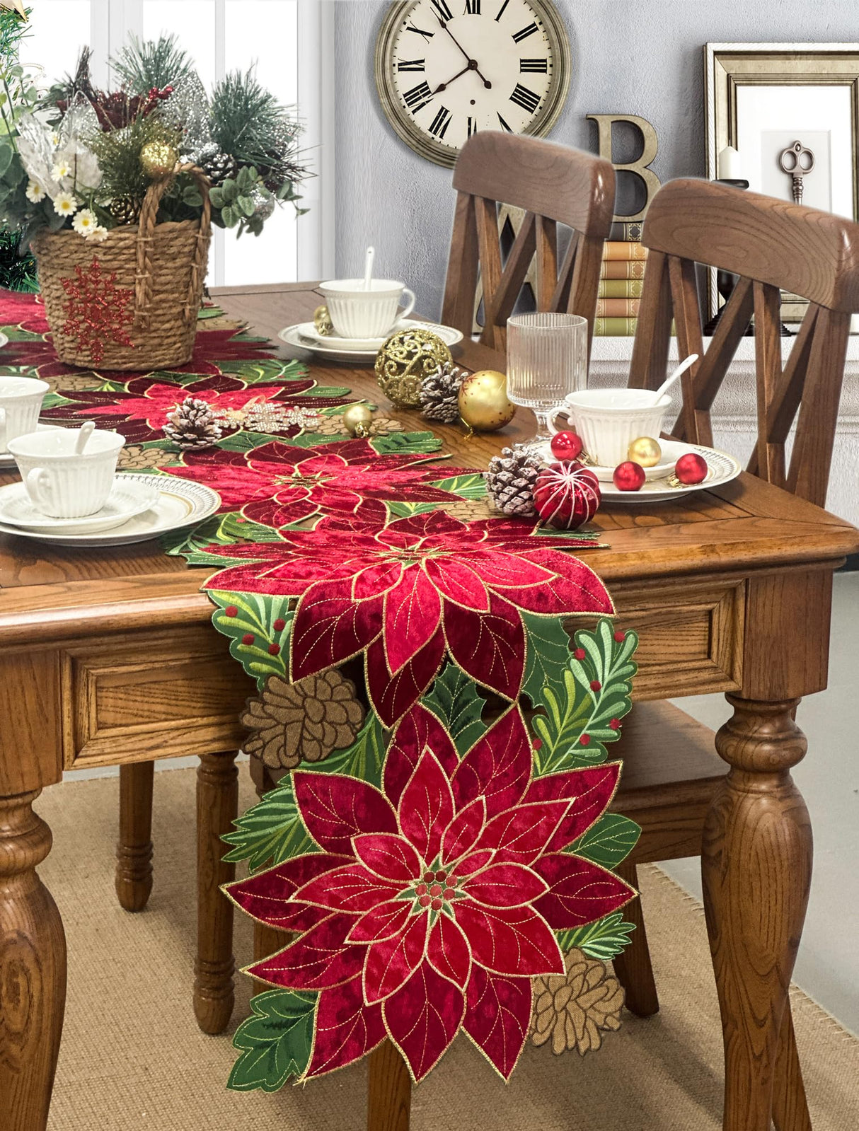 KEVA Holiday Christmas Table Runner 72 inches Long, Embroidered Red Velvet Poinsettia Cutwork Christmas Table Decorations for Home and Kitchen, Red Table Runner 13 Inch x 72Inch KEVA