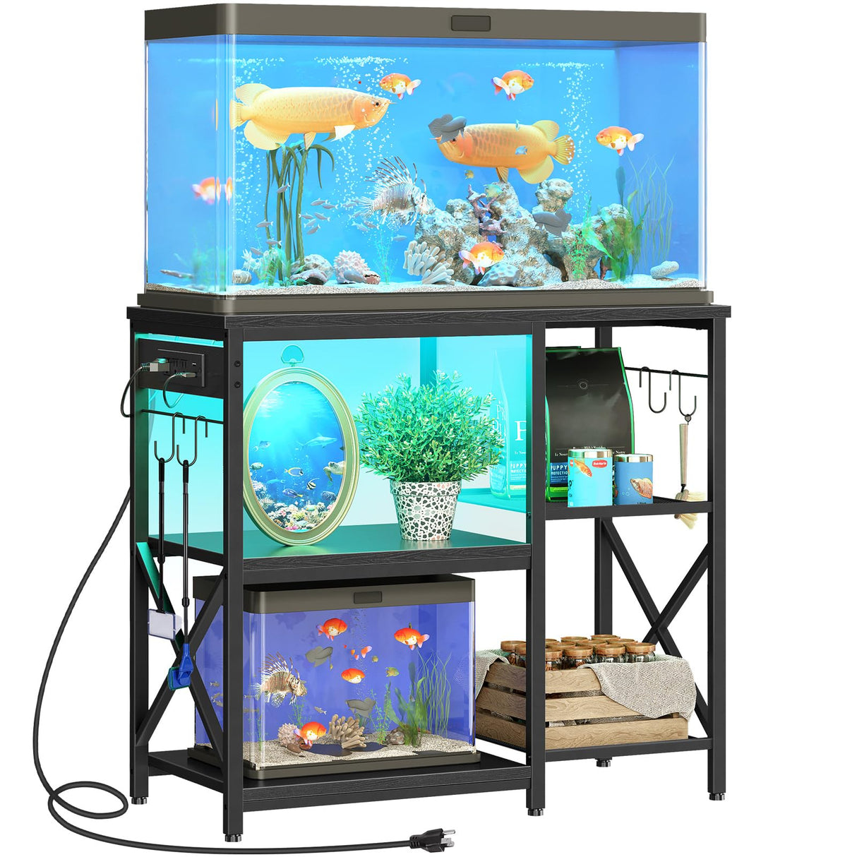 HOOBRO 20-29-37 Gallon Fish Tank Stand with Power Outlets and LED Light, Aquarium Stand with Storage Shelves, 35.4" L x 15.7" W, Reptile Tank Stand with Stable Metal Frame, Black BK80UDFT01 HOOBRO