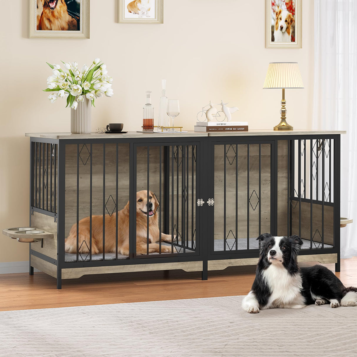 YITAHOME 71" Double Dog Crate Furniture with Divider, Wooden Large Dog Kennel with Flip-Top&4 Rotatable Bowls&2 Cushions, Dog Crate Furniture TV Stand for Medium Large Dogs, Grey YITAHOME