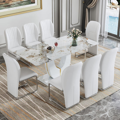 hohoedc 71 Inch White Dining Table Set for 8 with 0.4 Inch Thick Faux Marble Pattern Tempered Glass Tabletop & 8 PU Leather Chairs, 9-Piece Rectangle Kitchen and Dining Room Table Sets
