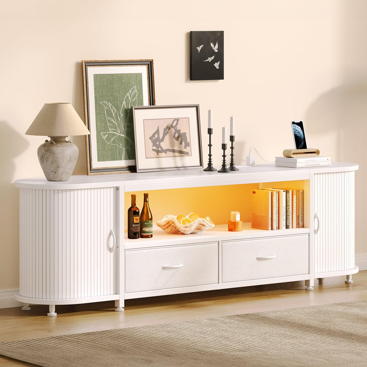 Rolanstar TV Stand for 65 70 inch TV, Entertainment Center with Power Outlet and LED, 2 Fabric Drawers TV Console with 2 Cabinet, Open Shelf, Sliding Door, Media Console for Bedroom/Living Room Rolanstar