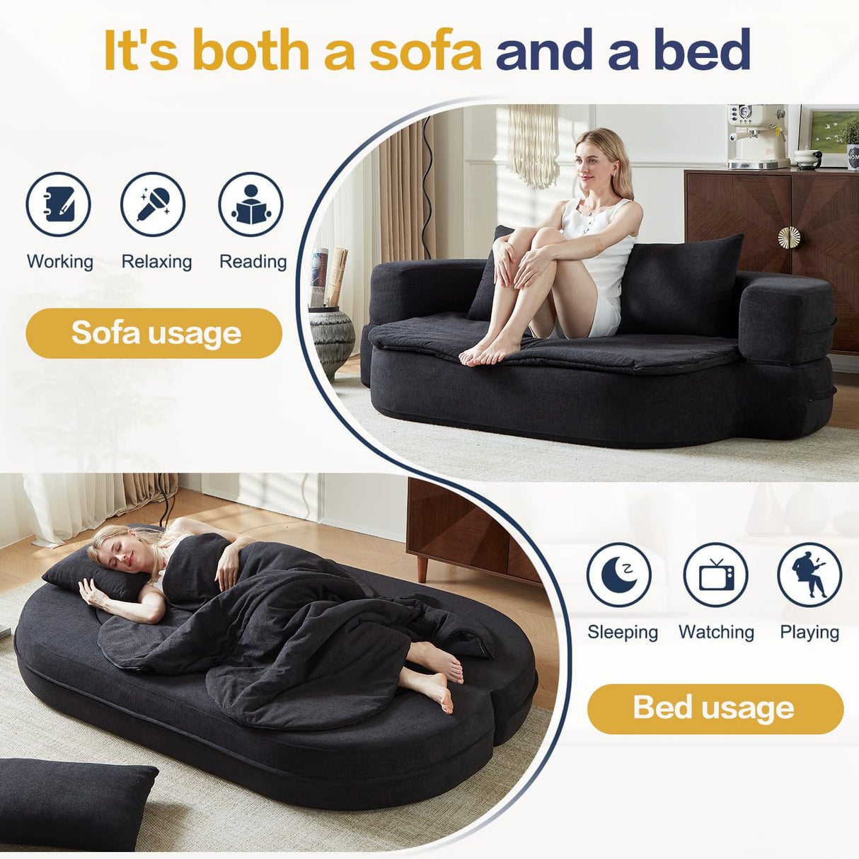 79" Convertible Folding Sofa Bed, Loveseat Sleeper Sofa Couch for Small Spaces, Foldable Cloud Couch with Pillow & Blanket, Comfy Modern Lounge Chair Bed for Living Room & Bedroom (Black) UKMTUET