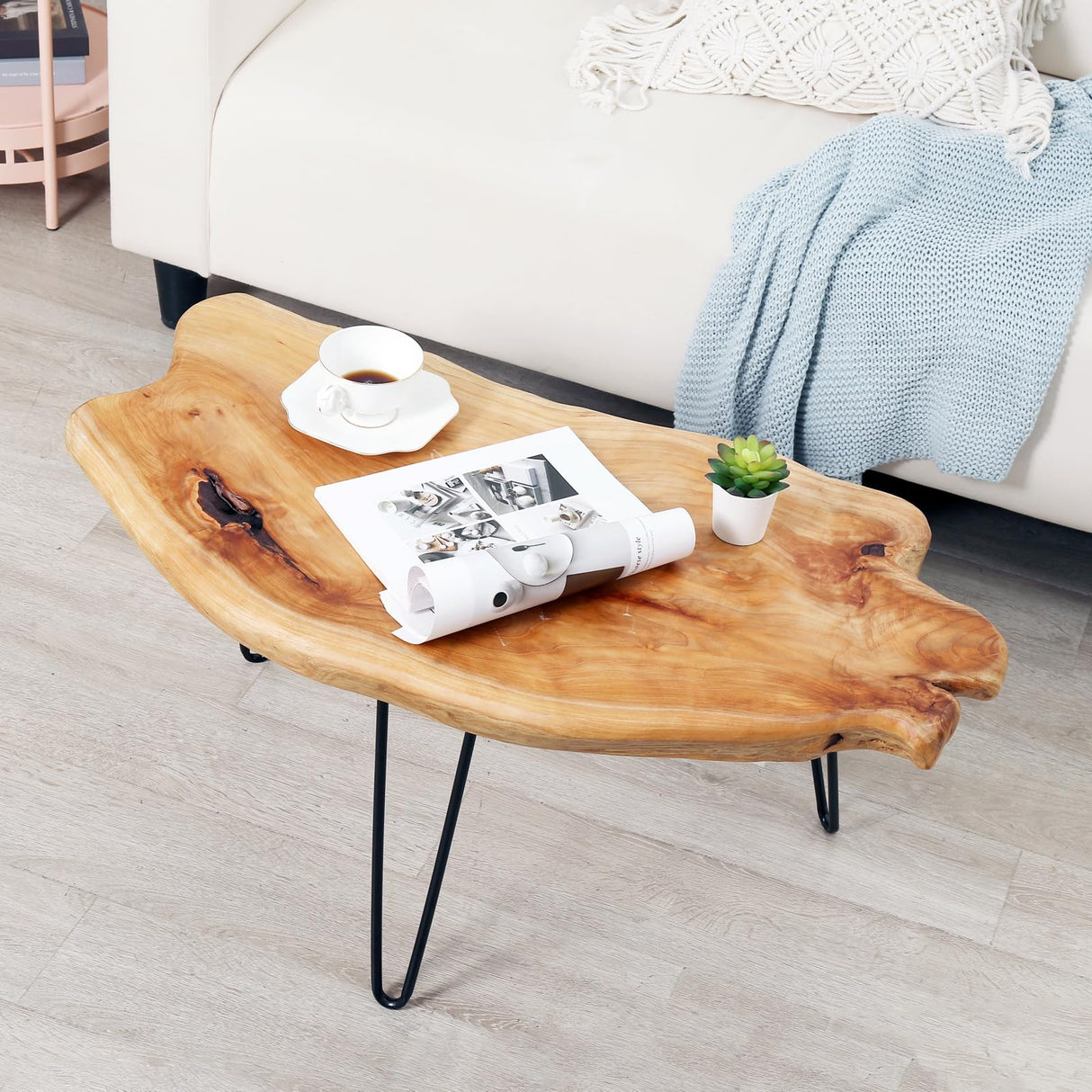 WELLAND Live Edge Cedar Wood Coffee Table Metal Hairpin Legs for Living Room WELLAND