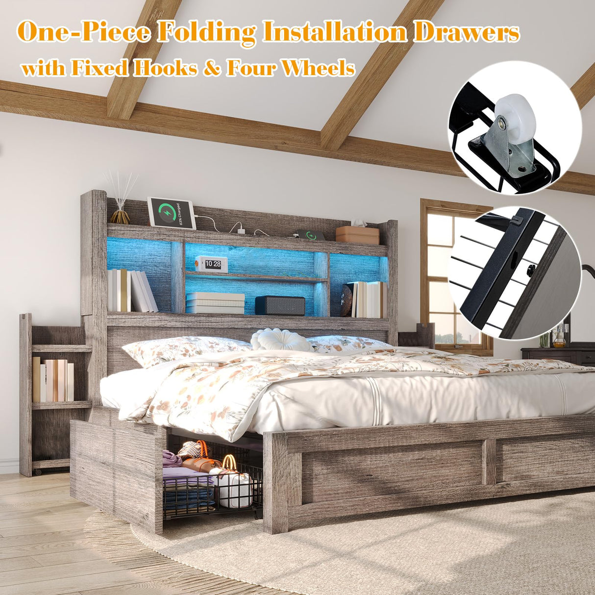 LUXOAK Queen Bed Frame with 49.6" Bookcase Headboard & 4 Drawers & 2 Detachable Bedside Stoage Racks, Farmhouse Wood Bed Frame with RGB LED & Charging Station, No Box Spring Needed, Grey LUXOAK