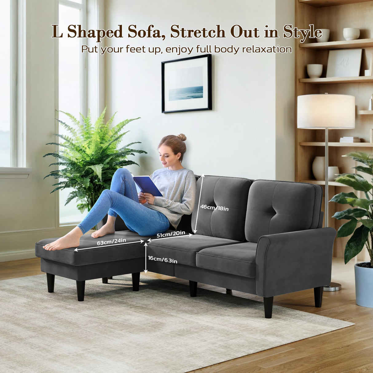 Welzona Sectional Couches for Living Room, 83" Velvet Modern 3 Seater Sofa, L Shaped Couch with Ottoman, Small Sectional Couch Sofas for Living Room, Bedroom, Apartment, Office, Grey Sofa Welzona