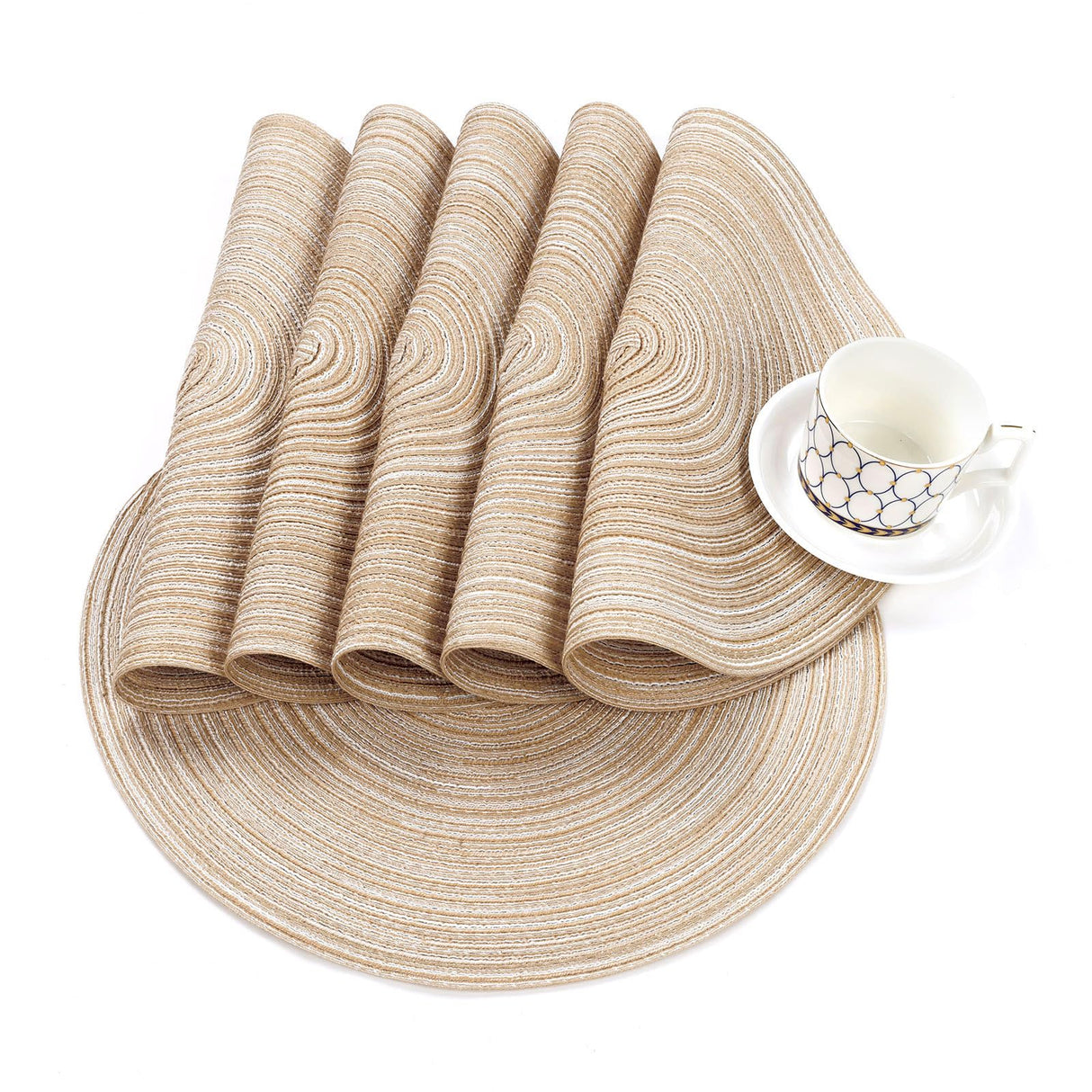 SHACOS 15 inch Round Braided Placemats Set of 6 Non Slip Heat Resistant Cotton Polyester Table Mats Washable Place Mats for Kitchen Dining Party Table Decor (Beige, 6) SHACOS