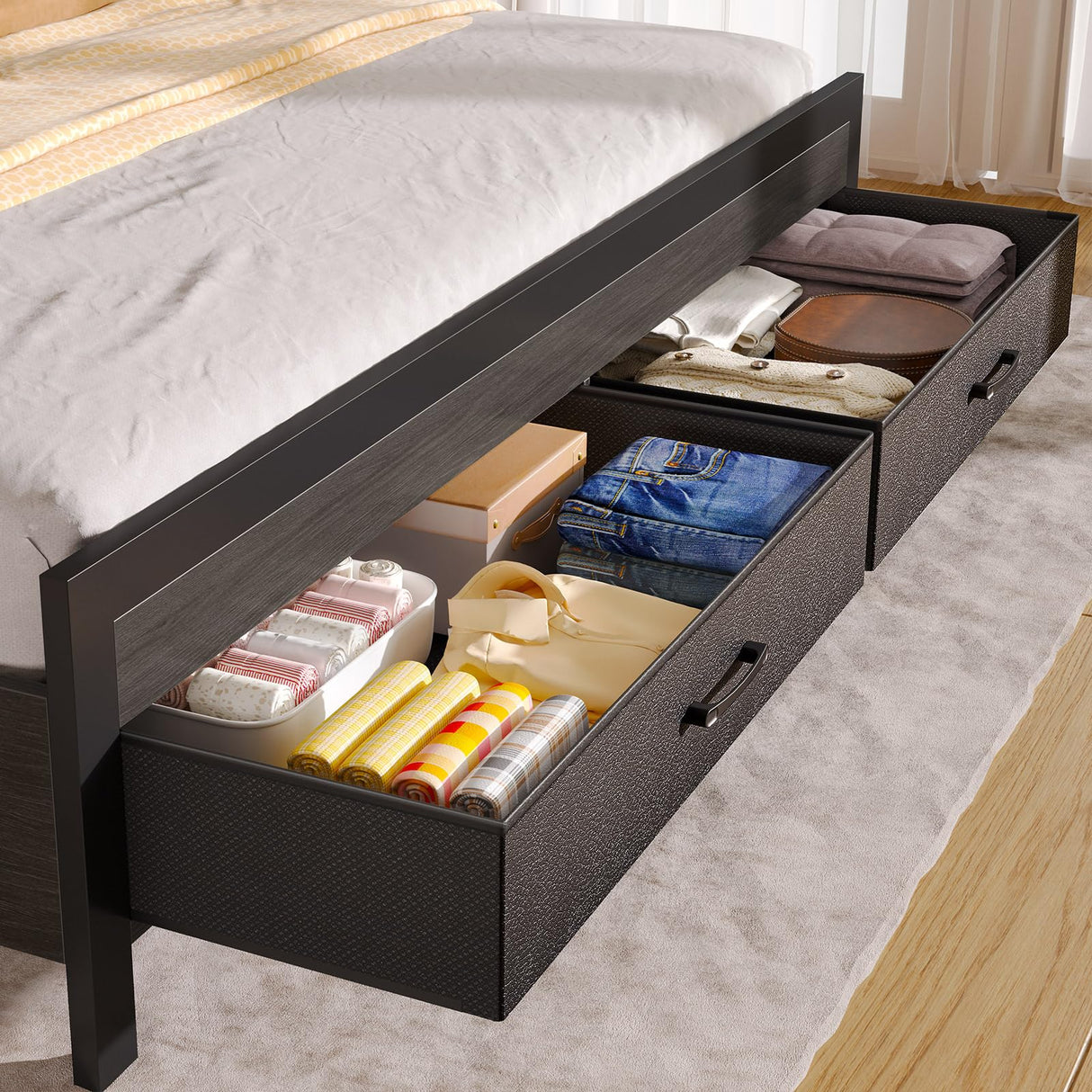 Rolanstar Bed Frame Twin Size with Storage Headboard and 2 Drawers, Upholstered Platform Bed with Charging Station and LED Light, Heavy Duty Frame Support, No Box Spring Needed, Noise Free, Black Rolanstar