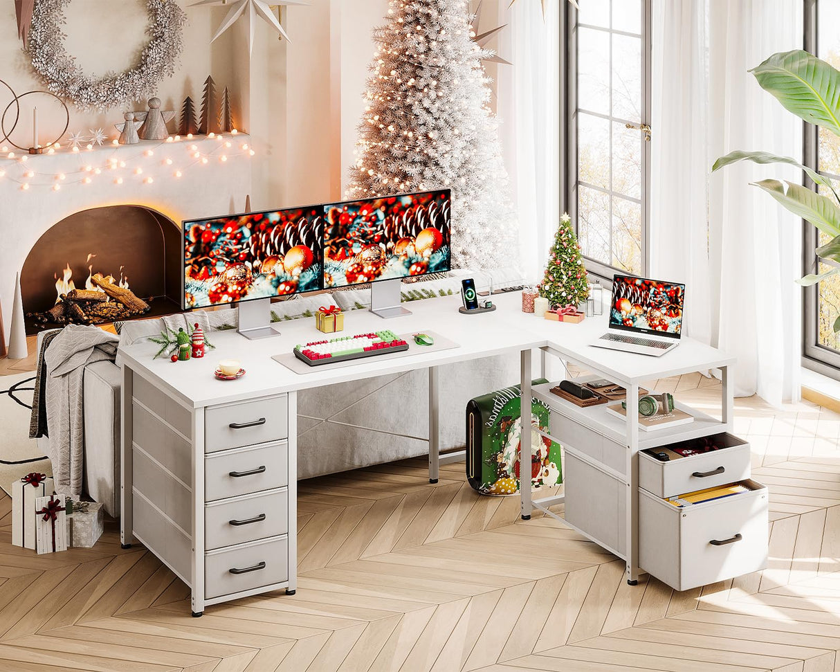 Coleshome L Shaped Computer Desk with 6 Drawers & Power Outlet, 55 Inch Corner Desk with Reversible Storage Shelf & File Drawer, Home Office Desk, White Coleshome