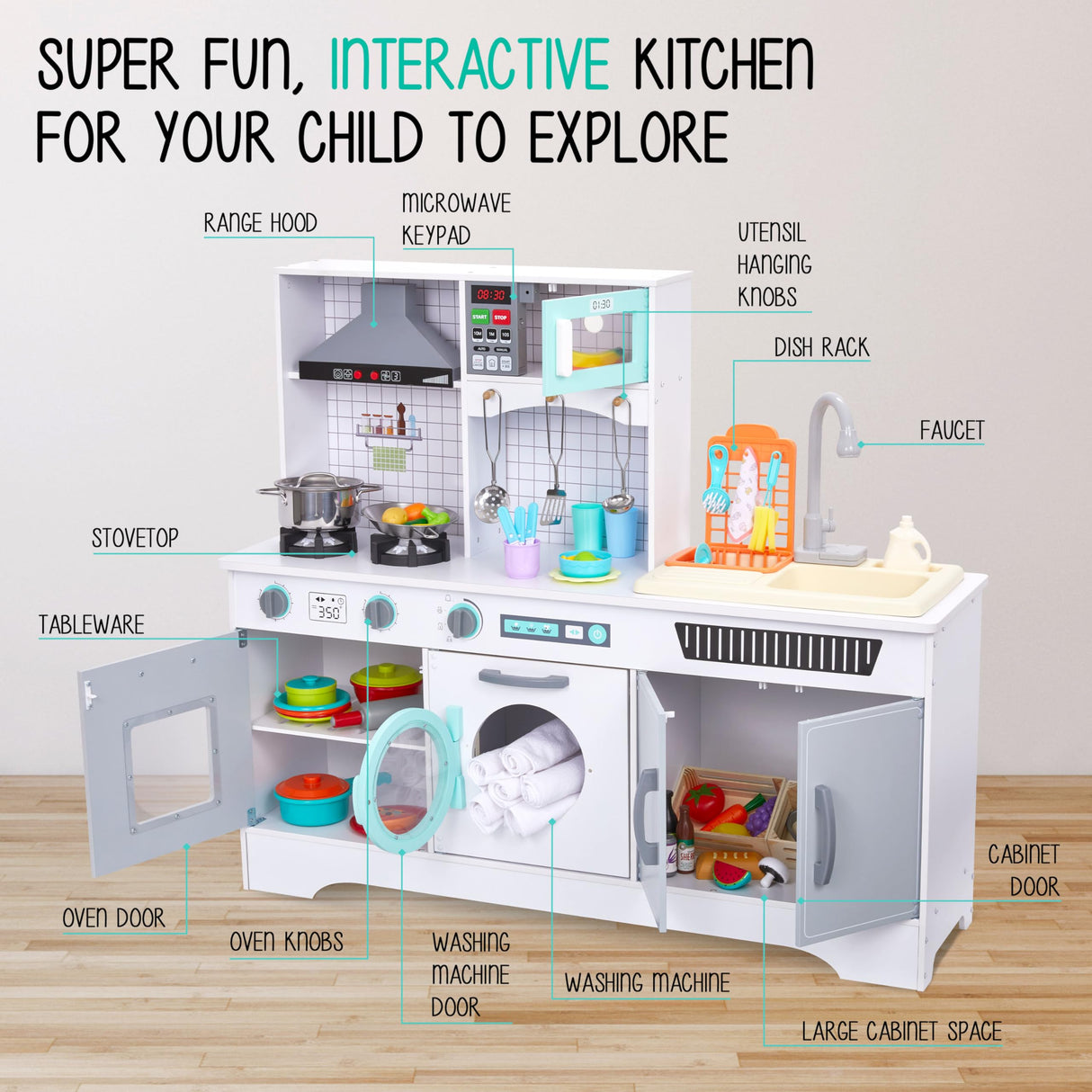 Lil’ Jumbl Kids Wooden Kitchen Set, Pretend Working Sink with Real Running Water, Includes Range Hood, Microwave & Stove Top That Make Realistic Sound & Light, Full Accessory Set Included Lil' Jumbl