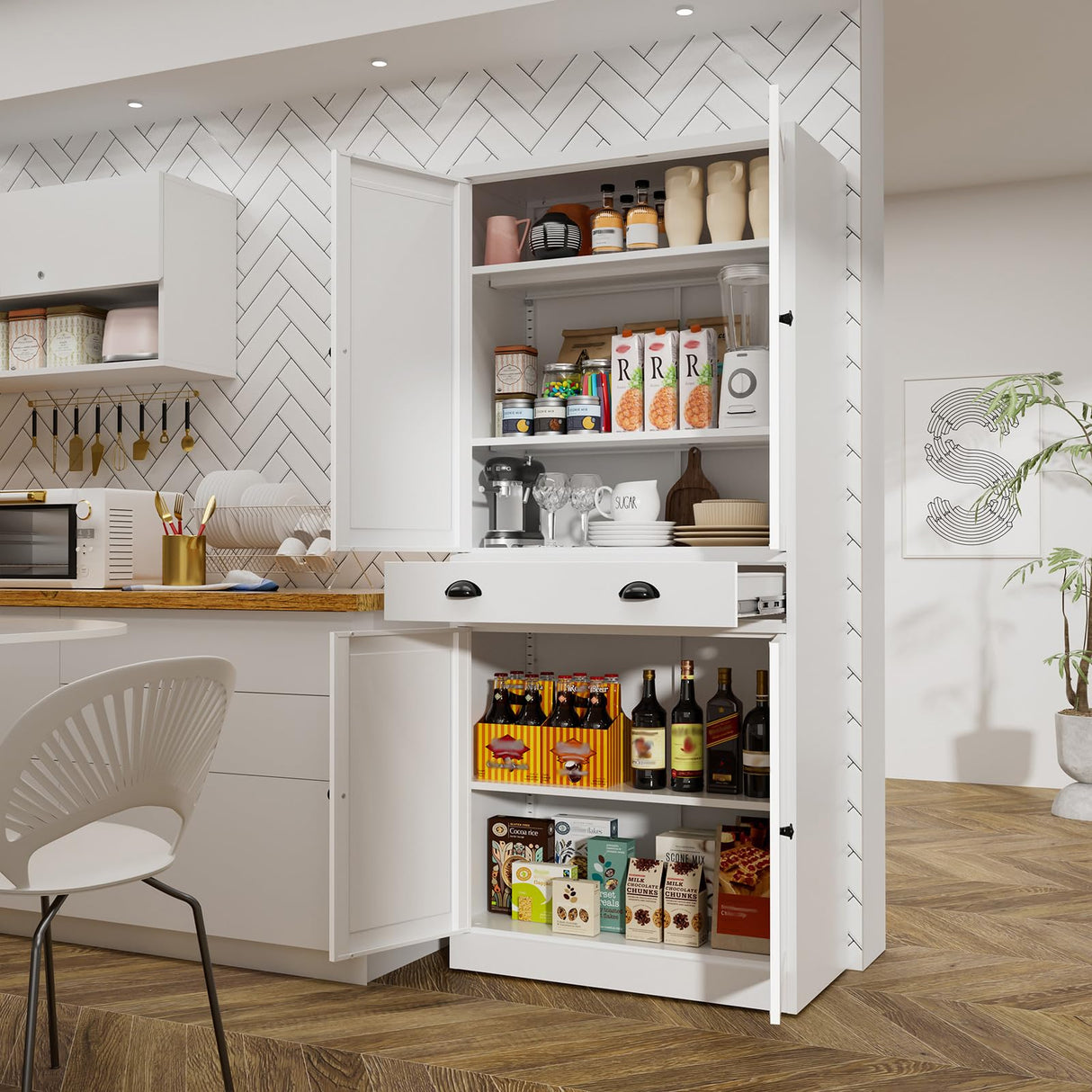 71" Kitchen Pantry Cabinet, Metal Storage Cabinets with Adjustable Shelves and Drawer, White Pantry Cabinets, 4 Doors Metal Pantries Cabinet for Kitchen, Dining Room, Living Room - Assembly Required MetalMax