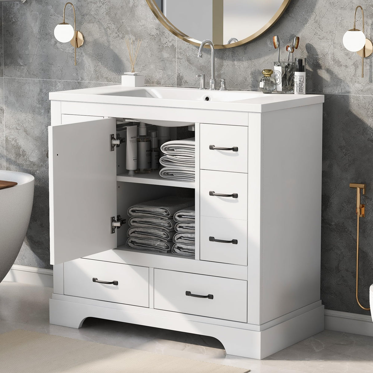 36" Bathroom Vanity with Sink, Harper & Bright Designs Free Standing Single Basin Vanity Set with 6 Drawers & One Cabinet with Adjustable Shelf, Bathroom Cabinet with Ceramic Basin for Bathroom, White Harper & Bright Designs