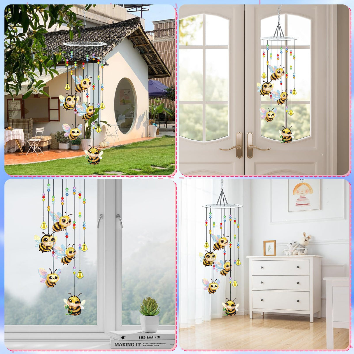Bowetile 5D Diamond Art Kits for Adults, Bee Diamond Art Wind Chimes, Diamond Painting DIY Wind Chime Kit, Diamond Painting Wind Chimes Suncatchers, Art Kits for Adults Teens Garden Home Decor Bowetile