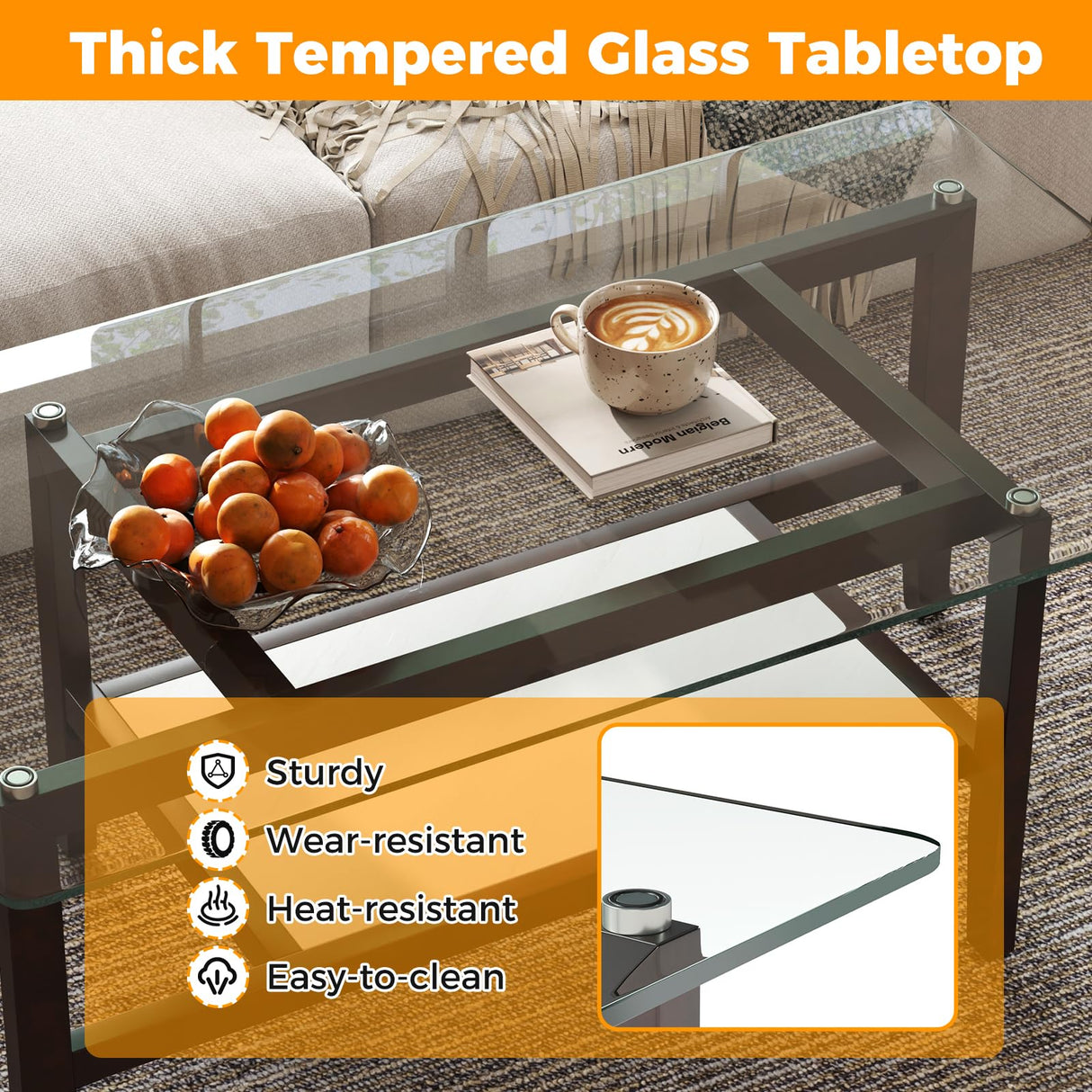 Tangkula Glass Coffee Table, 42” 2-Tier Rectangular Center Table with Storage Shelf & Solid Rubber Wood Legs, Modern Cocktail Table for Living Room, Home Office (Brown, 42" x 23.5") Tangkula