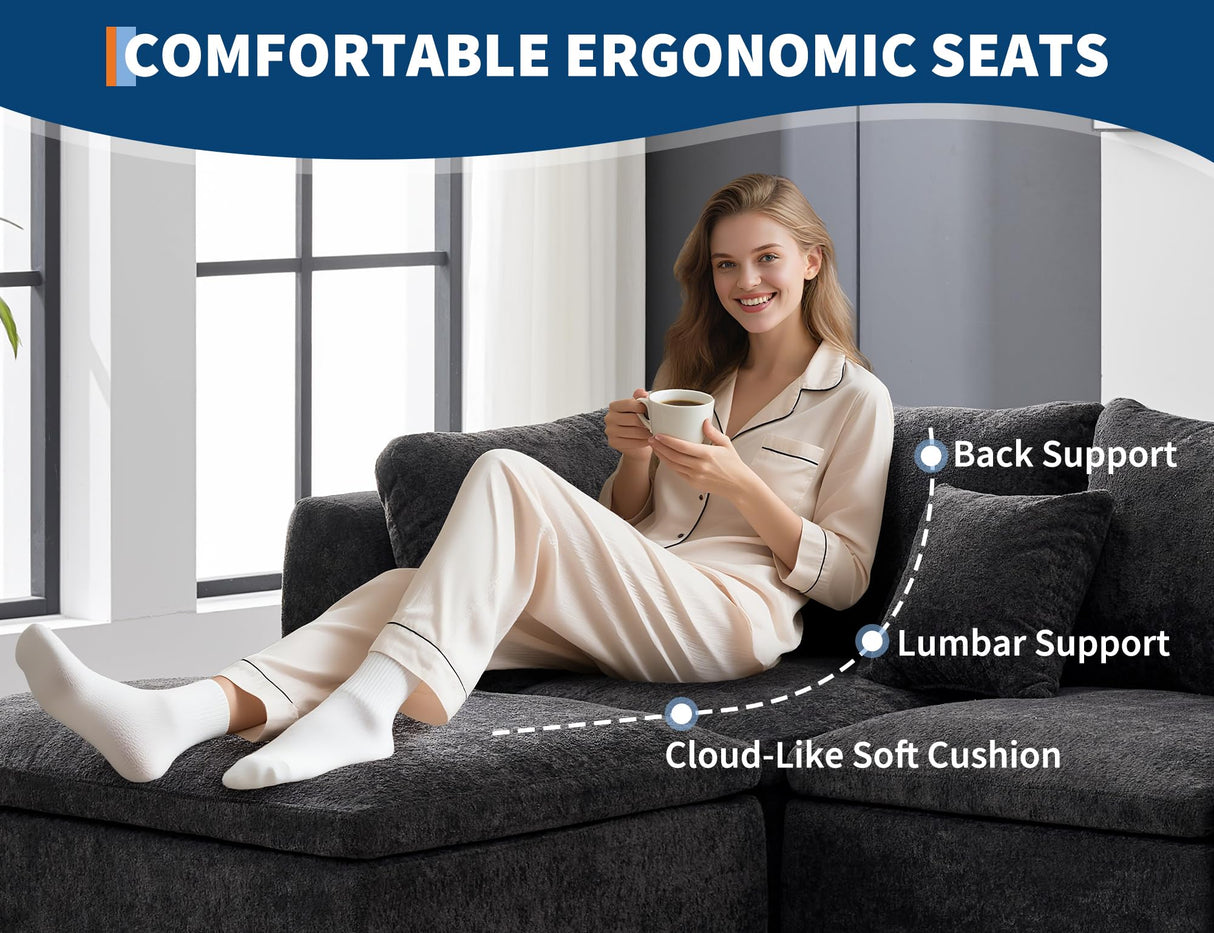 140" Cloud Sectional Couches for Living Room, Convertible U-Shape Boneless Couch with Ottoman, 4 Seater Modular Sectional Sofa, Off-Black Amenitlif