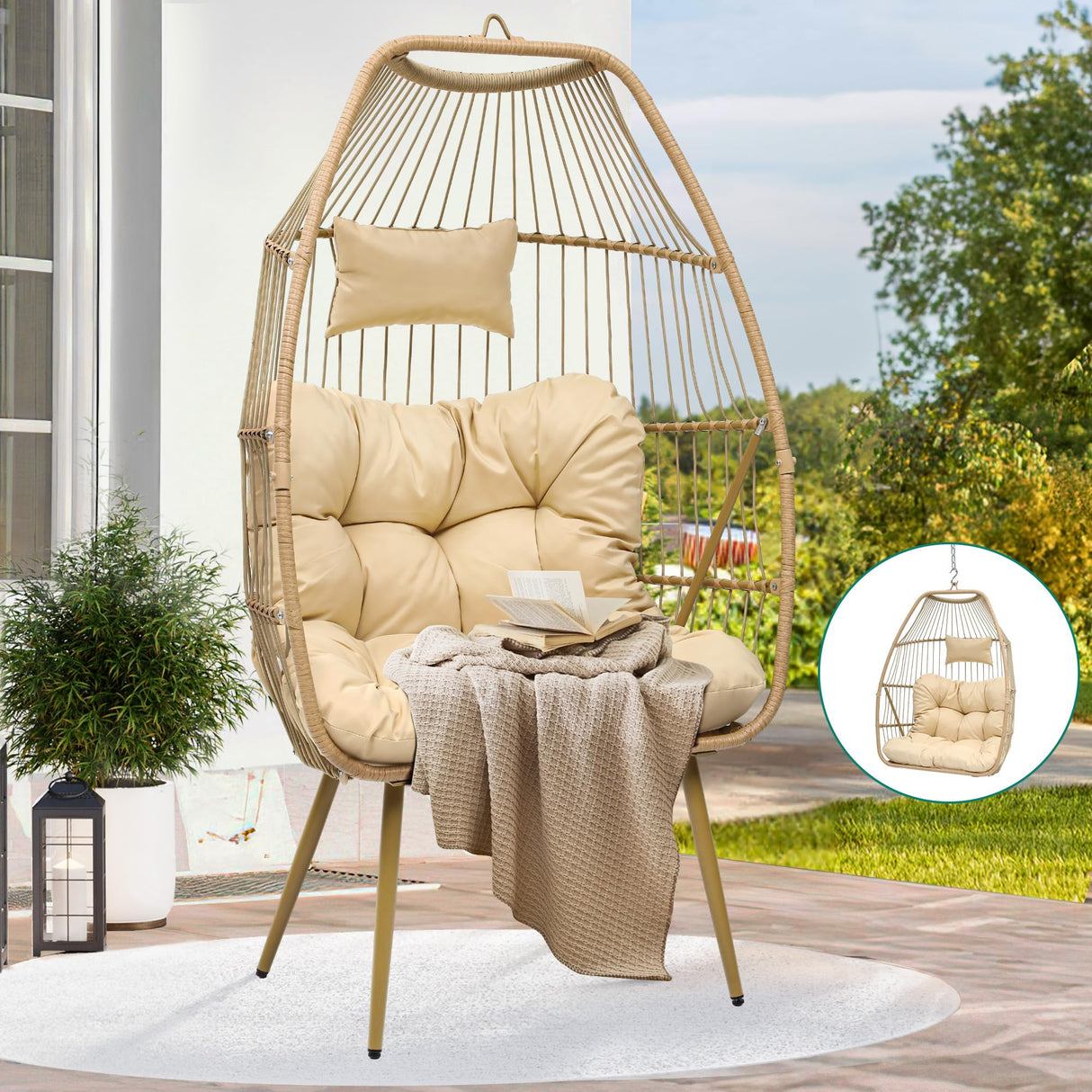 YITAHOME 2 in 1 Egg Chairs with Stand Egg Hanging Swing Chairs Rattan Wicker Chairs with Cushions Indoor Outdoor for Patio, Garden, Backyard, Porch, Beige YITAHOME