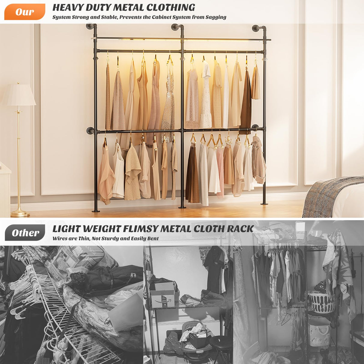 Aheaplus Industrial Pipe Clothing Rack, Reversible 79.7'' Clothes Rack for Hanging Clothes, Heavy Duty Garment Racks Closet Wardrobe with LED Lights& Shelves, Walk-in Closet System, Black Aheaplus