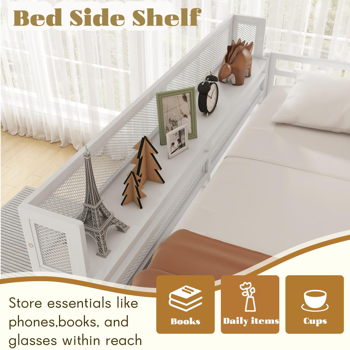 Mirightone Queen Size loft Bed with A Shelf, Metal Loft Beds with Soft Ladder Rung Cover, Heavy-Duty Tall Loft Bed Frame for Kids Boys Girls Teens Adults, Noise-Free,No Box Spring Needed, White Mirightone