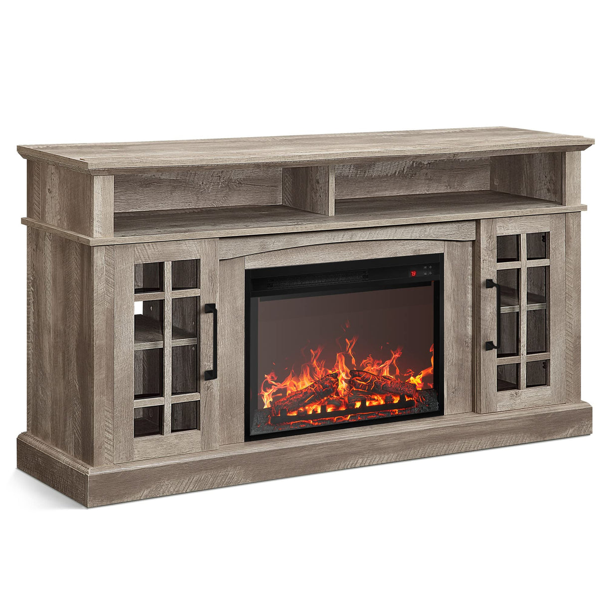BELLEZE Traditional 58" Rustic TV Stand with 23" Electric Fireplace Heater with Sound, Media Entertainment Center Console Table for TV up to 65" with Open Storage Shelves and Cabinets - Ashland Pine BELLEZE