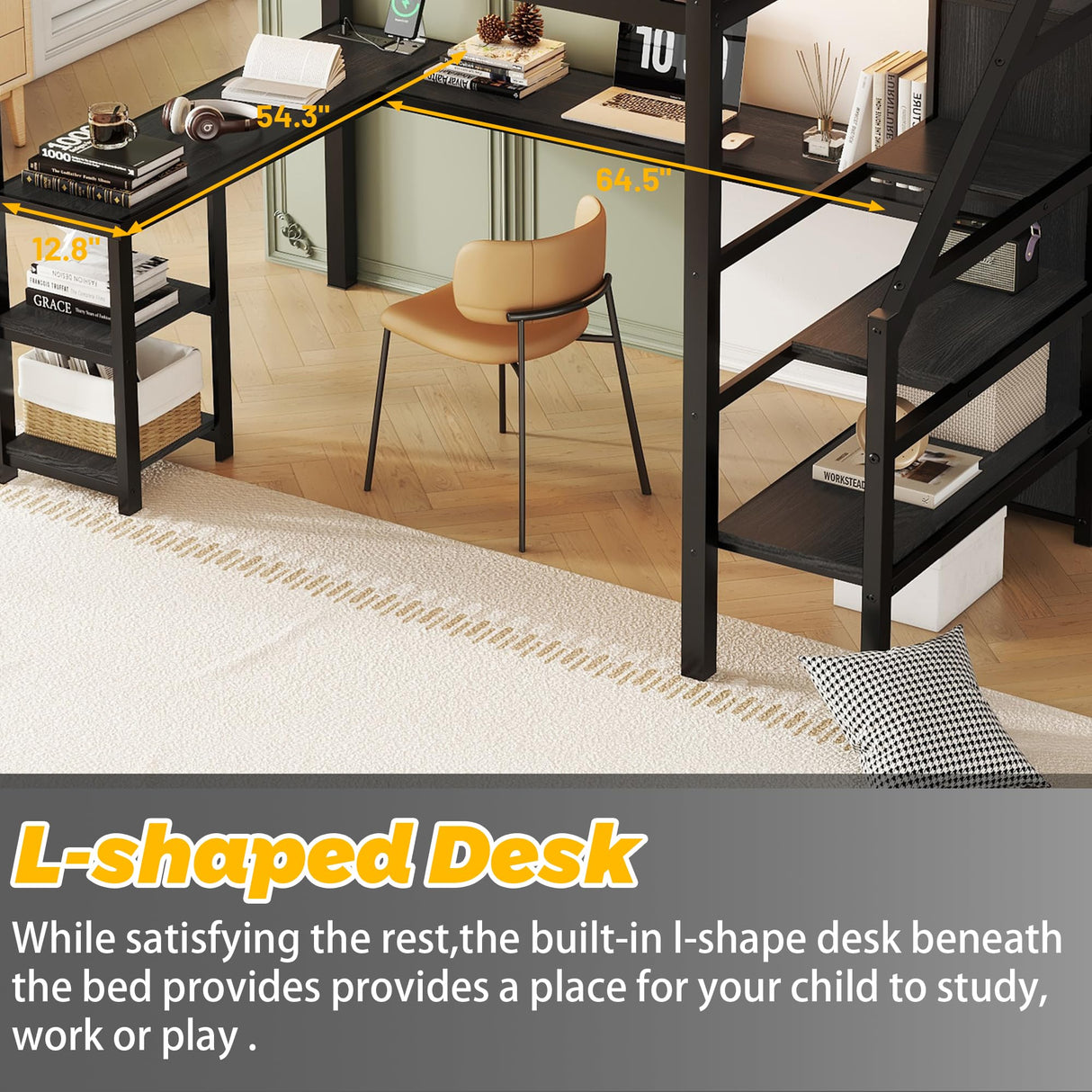 Full Size Loft Bed with Desk and Storage Stairs,Metal Full Loft Bed Frame with Wardrobe and Shelf, High Loft Bed with LED Light and USB Charging Station for Kids, Teens, Adults, Black Mirightone