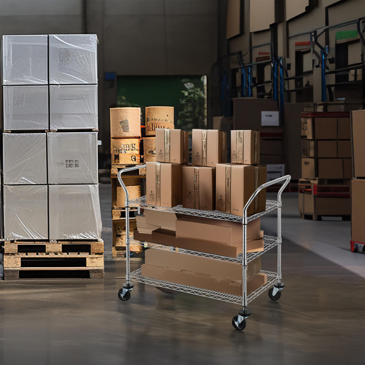 Finnhomy 3-Tier Commercial Grade Rolling Cart, Heavy Duty Utility Cart, Carts with Wheels and Handles, Kitchen Cart on Wheels, Metal Serving Cart with 600 lbs Capacity, Shelf Size 24" D x 40" W, NSF Finnhomy